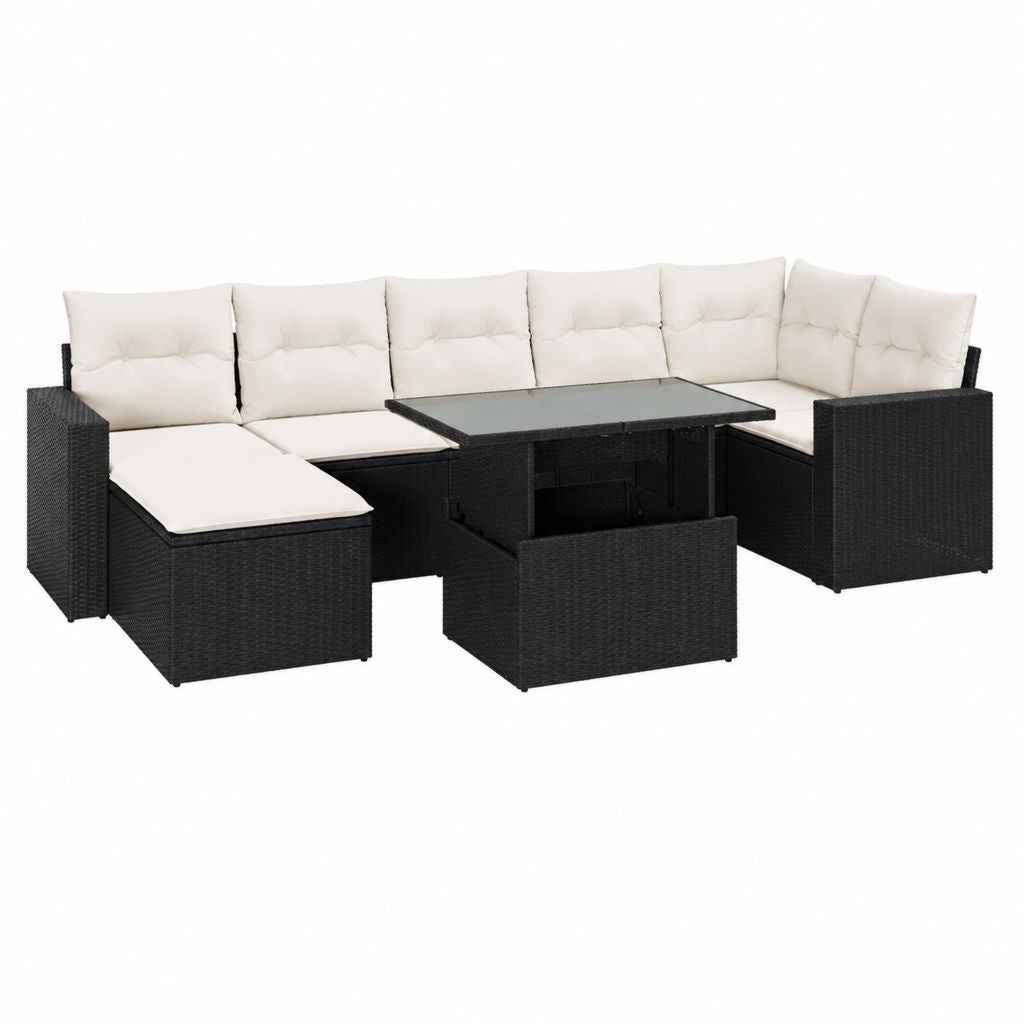Gartenlounge Set 8-teilig aus schwarzem Poly-Rattan mit cremefarbenen Polyesterpolstern rechteckigem Tisch 110 x 60 x 65 cm