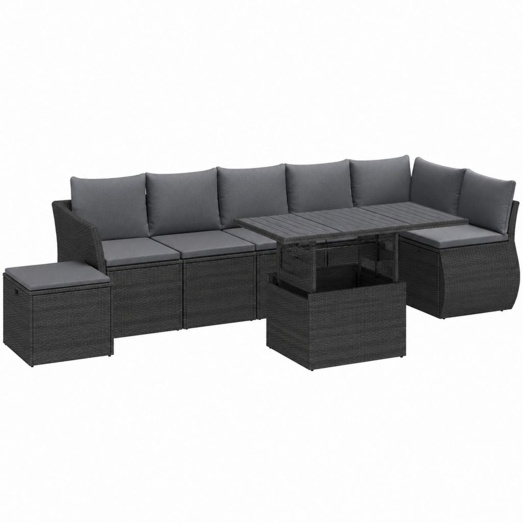 Eckförmiges Poly-Rattan Gartenlounge-Set Schwarz mit grauen Polyesterkissen Tisch 144 x 74 x 74 cm