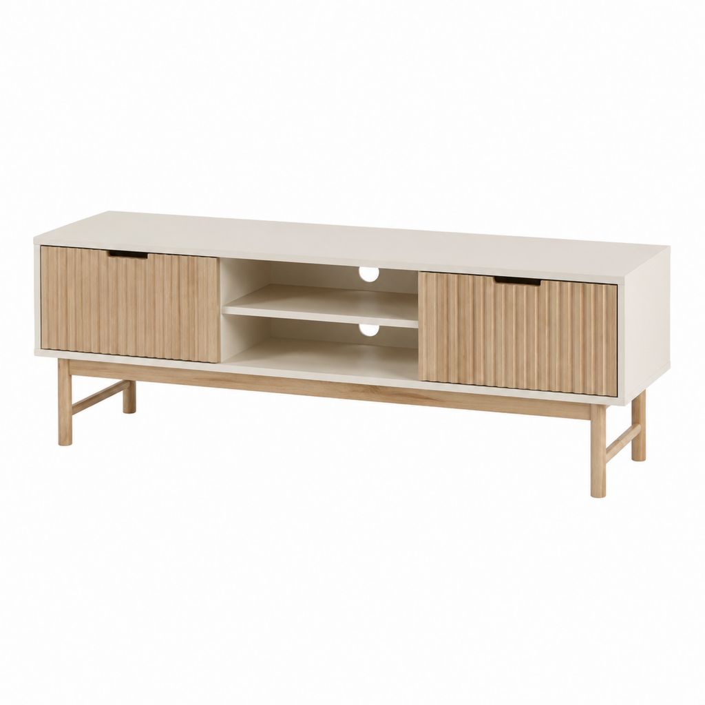 TV-Lowboard Weiß und Eiche MDF mit geriffeltem Frontdesign 160 x 40 x 60 cm
