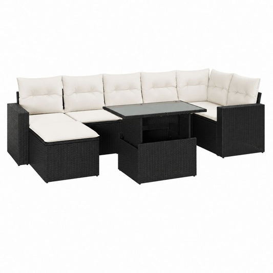 Gartenlounge Set 8-teilig aus schwarzem Poly-Rattan mit cremefarbenen Polyesterpolstern rechteckigem Tisch 110 x 60 x 65 cm