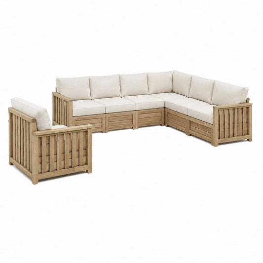 Gartenlounge Ecksofa-Set Natur Akazienholz Polyester 6-teilig L-Form 300 x 230 x 75 cm