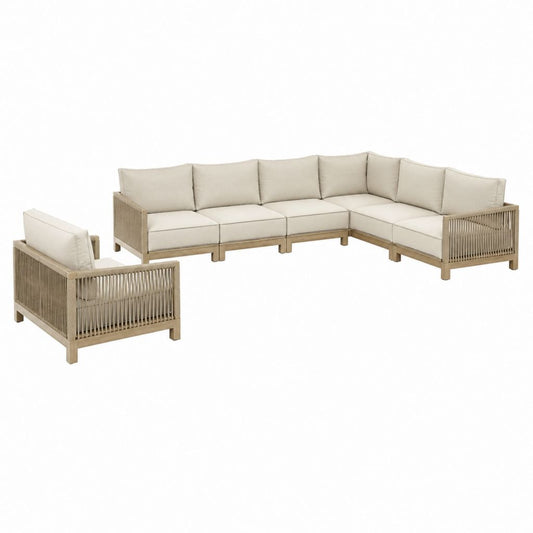 Gartenlounge Set Beige Akazienholz und Polyester Seil 4-teilig mit Ecksofa und Sessel 280 x 220 cm