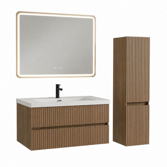 Badmöbel-Set Walnuss MDF mit LED-Spiegel 100 x 46 x 50 cm