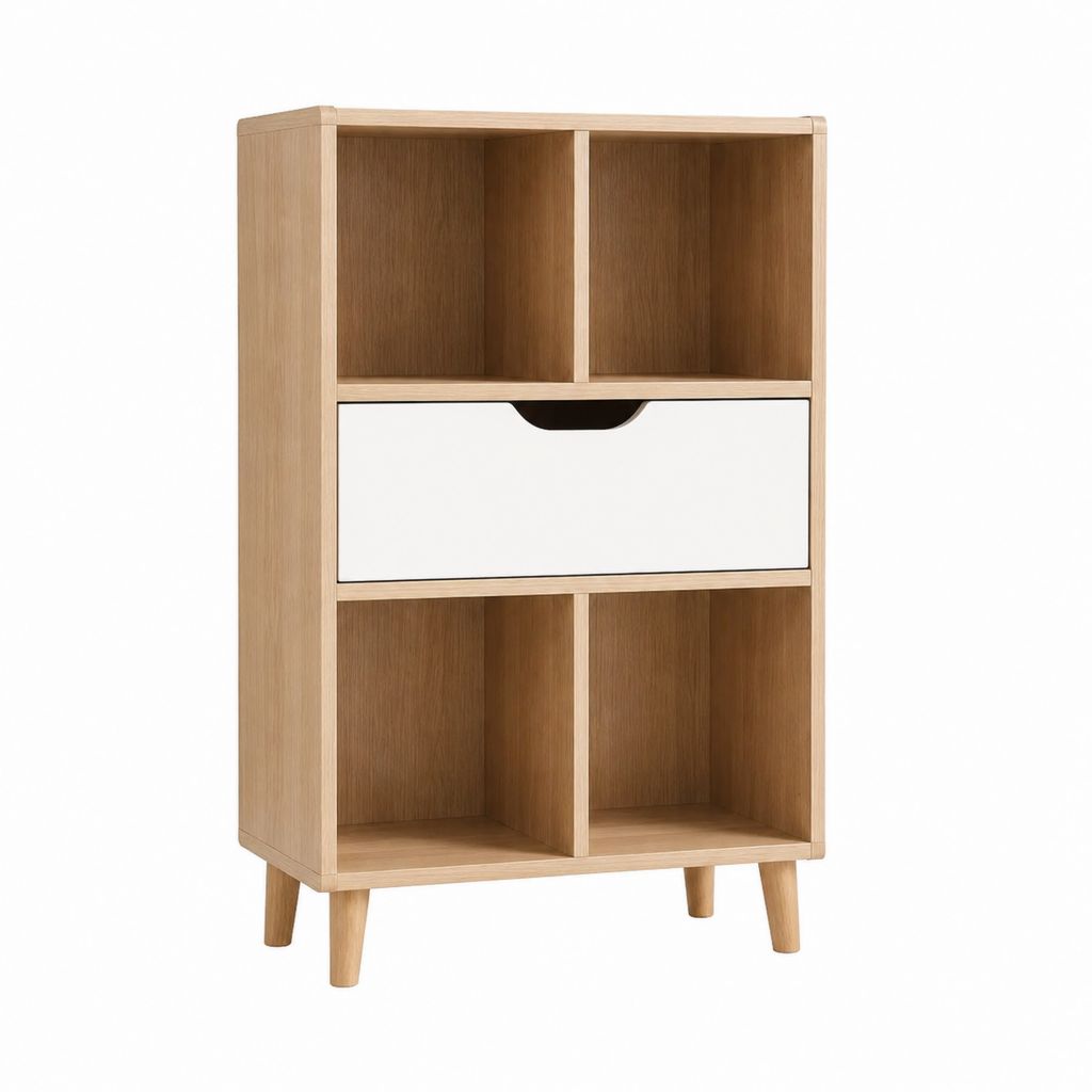 Bücherregal mit Schublade Naturweiß MDF mit Eichenfurnier Rechteckig 60 x 35 x 120 cm