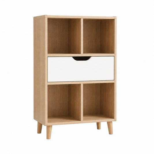 Bücherregal mit Schublade Naturweiß MDF mit Eichenfurnier Rechteckig 60 x 35 x 120 cm