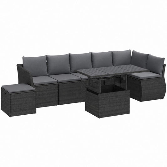Eckförmiges Poly-Rattan Gartenlounge-Set Schwarz mit grauen Polyesterkissen Tisch 144 x 74 x 74 cm