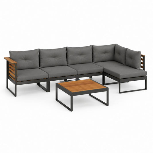Gartenlounge Set Anthrazit Aluminium und Akazienholz mit Ecksofa und Couchtisch 218 x 218 cm