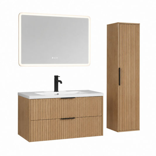 Waschtischunterschrank Set Eiche MDF rechteckig mit Keramikwaschbecken LED-Spiegel und Hochschrank 90 x 46 x 50 cm