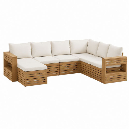 Gartenlounge Ecksofa Set Beige aus Akazien-Massivholz 280 x 220 x 70 cm