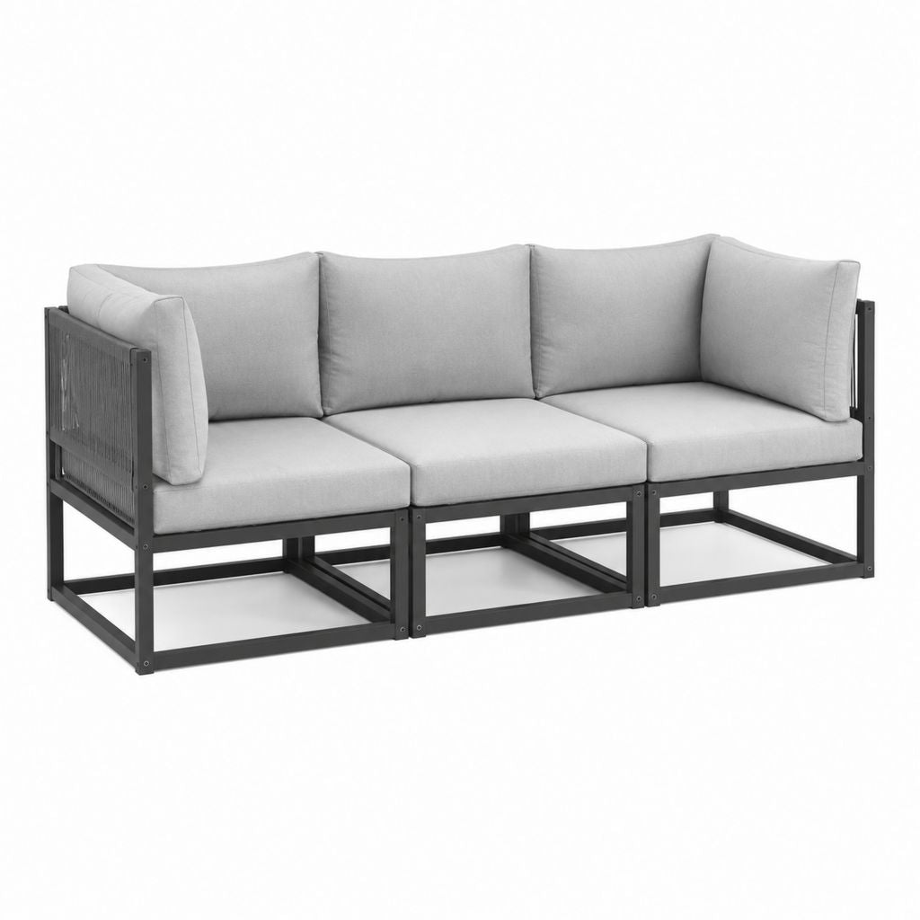 3-Sitzer Gartensofa Set Grau mit pulverbeschichtetem Stahlgestell und Polyesterkissen 210 x 70 x 63 cm