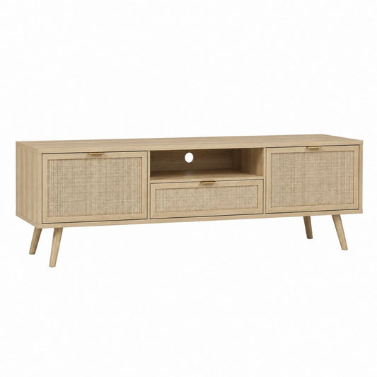 TV-Lowboard eichefarben aus Spanplatte und Rattan rechteckig 160 x 40 x 55 cm