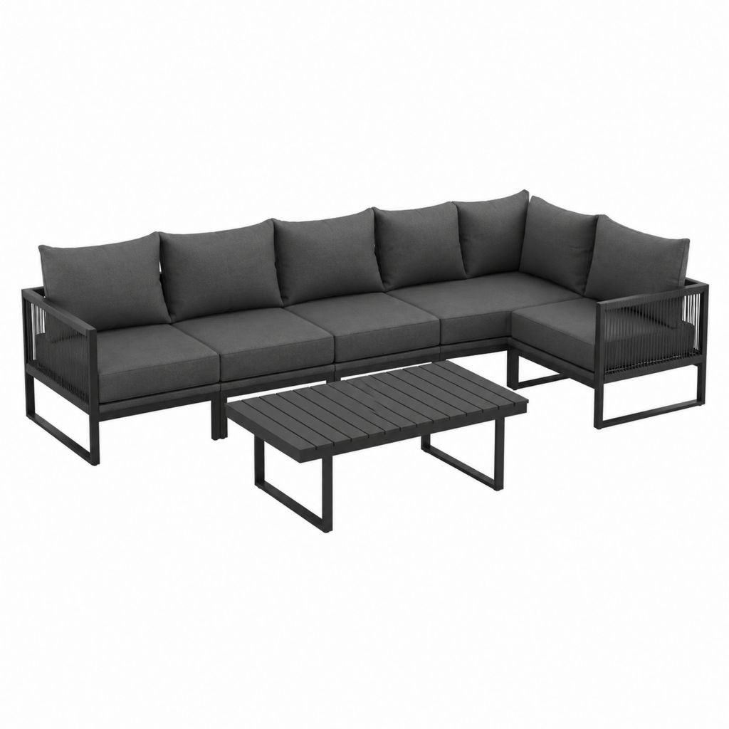 Gartensofa Ecksofa Set 5-Sitzer Schwarz Aluminium Polyester L-Form 250 x 190 x 68 cm