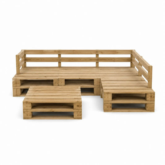 Gartenlounge Set aus naturfarbenem massivem Kiefernholz in L-Form 280 x 200 x 80 cm