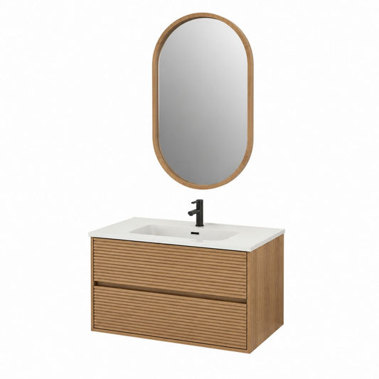 Waschtisch Set wandhängend Eichefarben MDF mit Keramikwaschbecken und Ovalspiegel 80 x 46 x 50 cm